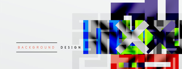 Abstract geometric design. Squares, rectangles overlap creating vibrant colorful pattern. Light gray background provides contrast. Modern aesthetic.