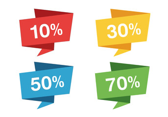 Four colorful discount tags showing 10 30 50 and 70 off arranged in a grid