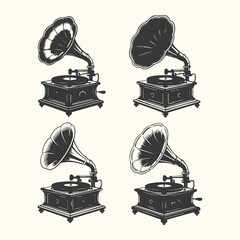 Vector art of vintage gramophone illustration, a collection of four antique record players with horns, isolated on a light background