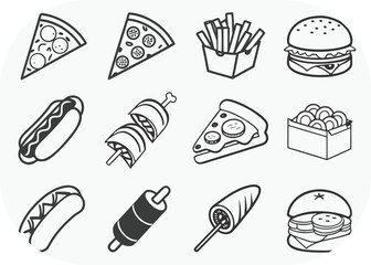 Twelve Black and White Illustrations of Popular Fast Food Meals and Snacks pizza