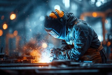 A worker welds metal, sparks flying. Industry setting, safety gear, high dynamic range lighting