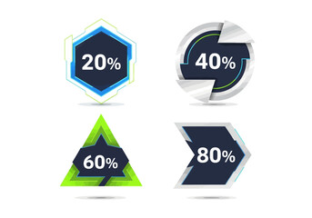 Four colorful geometrical percentage infographics on a white background display 20 40 60 and 80