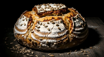 Freshly baked sourdough bread with sunflower seeds on a wooden surface in dark environment