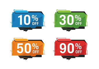 Four colorful tags with percentoff deals 10 30 50 and 90