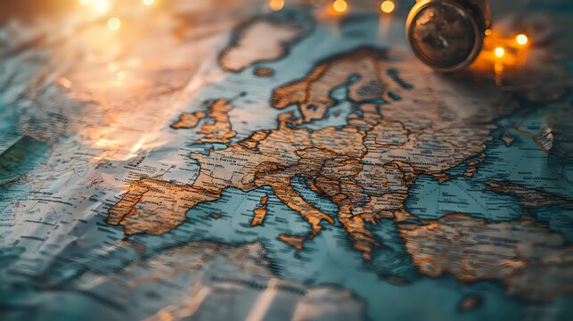Vintage map of Europe with warm glowing lights and compass, featuring detailed topography and borders in teal and copper tones, selective focus photography. - Powered by Adobe