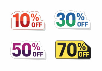 Four discount stickers 10 30 50  70 each with unique color schemes and shapes