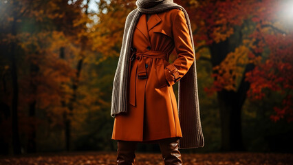 fashion editorial photo of woman standing in sunlight wearing mustard yellow sweater, long beige skirt, felt hat, cinematic autumn forest background