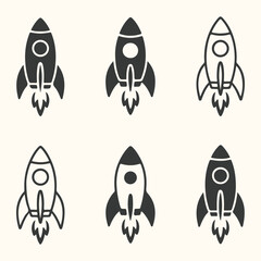 Vector art of set of six rocket ship icons, some filled and some outlined, on a cream background