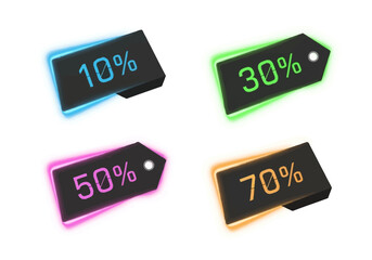 Four discount tags 10 30 50 and 70 each with a distinct neon glow