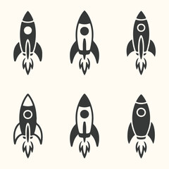 Vector art of set of six stylized rocket ship icons in black on a cream background, representing space travel and exploration