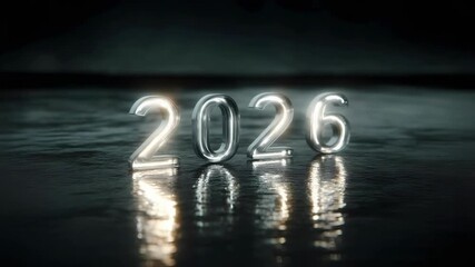Shiny glass digits 2026 on a reflective wet surface, glowing softly in a dark, moody scene. - Powered by Adobe