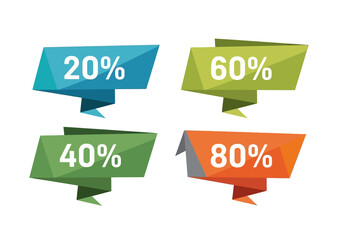 Four geometric price tags each a different color showing 20 40 60 and 80 discounts