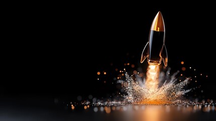 Rocket launch with dramatic orange flame and sparkling particles against dark background, creating dynamic motion effect for business and startup concepts.