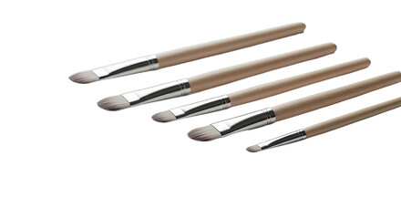 Set of five paintbrushes with wooden handles and metal ferrules isolated on white background, ideal for artists and painters