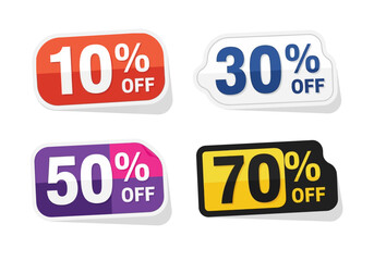 Four sale stickers feature discounts 10 30 50 and 70 off The stickers are different colors and shapes