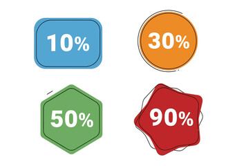 Four sale tags with percentages 10 30 50 and 90 each in a different shape and color against a white background