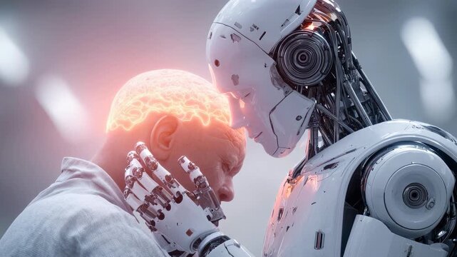 A robot comforting a human with glowing neural connection, symbolizing empathy, emotional intelligence, and the future of human&ndash;AI relationships built on understanding and compassion.
