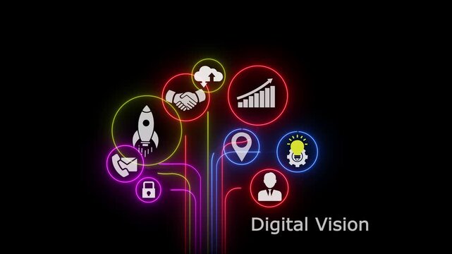 Digital Vision Smart Innovation and Futuristic Technology for Modern Business Success,glowing neon animation featuring Digital Vision with smart innovation, AI.