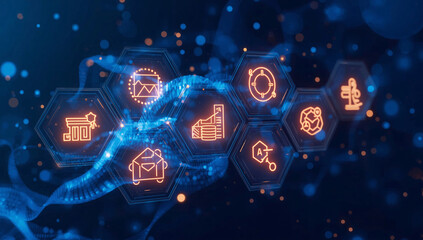 Modern glowing digital icons representing business growth and financial success in technology space