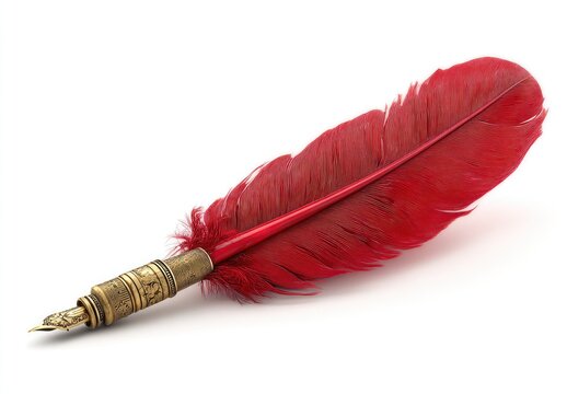 Close-up of a quill pen with a red feather, gold nib and metal fitting, on white - Powered by Adobe