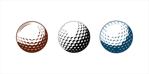 Three stylized golf balls in different colors isolated on white background