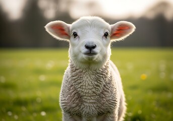 Fototapeta premium A close-up, front-facing shot of an adorable white lamb standing in a vibrant green pasture under soft, natural light.