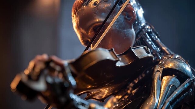 A humanoid robot playing a violin with emotional precision, symbolizing art, emotion, and technology blending into creative harmony between machine and soul.
