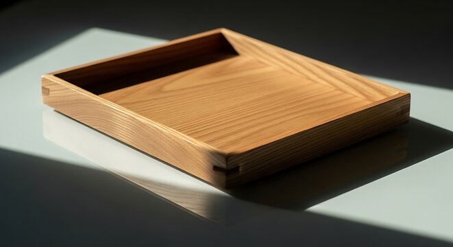 Crafted wooden tray illuminated by a cascade of sunlight nuances