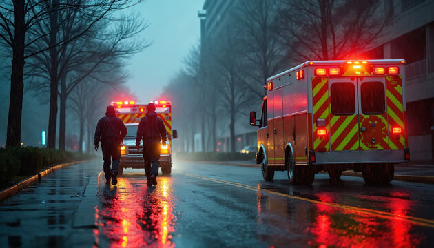 Emergency vehicles respond during stormy night. Rain reflects flashing lights. Paramedics approach hospital entrance. Scene of urgency, healthcare services. Medical staff arrives in wet conditions - Powered by Adobe