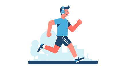 Obraz premium Animated illustration of a man running while listening to music using headphones.