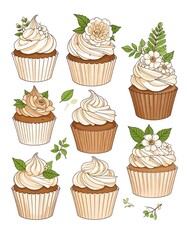 Collection of nine pastel-colored cupcakes adorned with creamy frosting and floral decorations against a white background