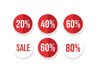 Sale tags with percentages 20 40 60 80 and SALE text all in red and white circular designs