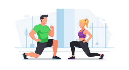 Fototapeta premium A man and woman perform lunges in a gym setting, demonstrating fitness exercises.