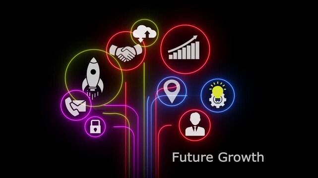 Future Growth and Innovation Concept . Digital Business Success, Technology Progress, Startup Development, Global Network Connection, Data Analytic, and Creative Strategy Background.