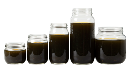 Set of glass jars filled with dark liquid in ascending size order isolated on white, perfect for food storage or packaging design