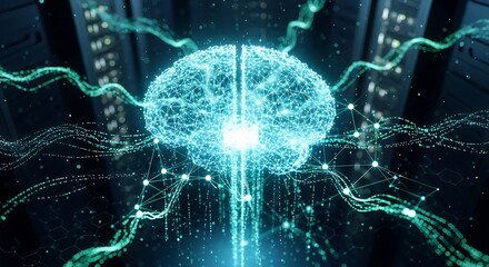 Obraz premium Digital neural network pulsating with complex algorithms and data transfer in a server farm environment