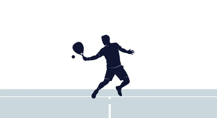 Fototapeta premium Silhouette of a tennis player mid-swing, hitting a ball on court.