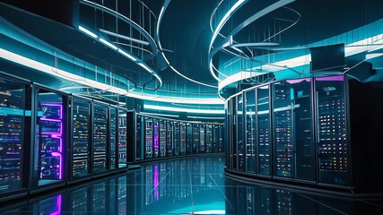 Futuristic server room network technology blinking lights reflecting on floor - Powered by Adobe