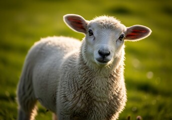Obraz premium A fluffy white lamb stands in a vibrant green field, looking directly at the viewer with soft, warm lighting.