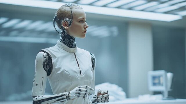A confident female humanoid robot standing in a laboratory, symbolizing intelligence, innovation, and the evolution of artificial intelligence in human form.
