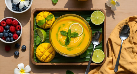 Healthy and Delicious Mango Soup with Fresh Berries and Lime on a Wooden Tray
