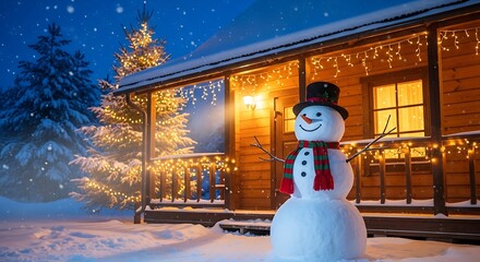 Charming Christmas Cabin Scene with Happy Snowman and Festive Lights on a Snowy Night.