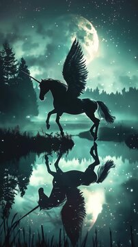 Majestic winged unicorn silhouette reflected on a lake surface under the full moon