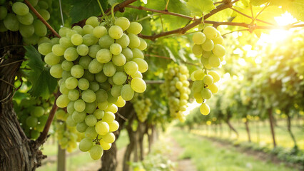 Green Grapes tree in garden, Green Grape tree in natural warm sunlight background © Sabbir Digital