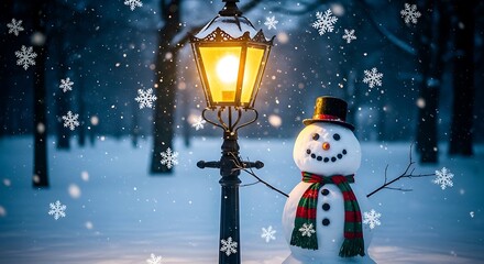 Magical Winter Night Scene with Snowman, Glowing Lamppost, and Falling Snowflakes.