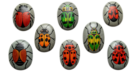 Set of hand-painted stones featuring colorful ladybugs with various patterns, perfect for art projects and garden decoration