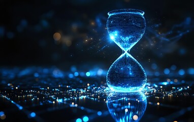 Digital hourglass with glowing blue particles and light effects on dark background, reflecting on glossy surface with bokeh lights, symbolizing time management and future technology.