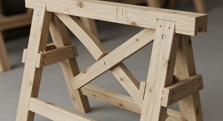 Close-up of Wooden Sawhorse Pair, Minimalist Design, Neutral Color Palette, Artisanal Style and Clean Lines to