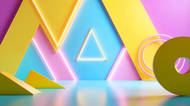 Abstract background with neon colors, triangles, and circles rotating