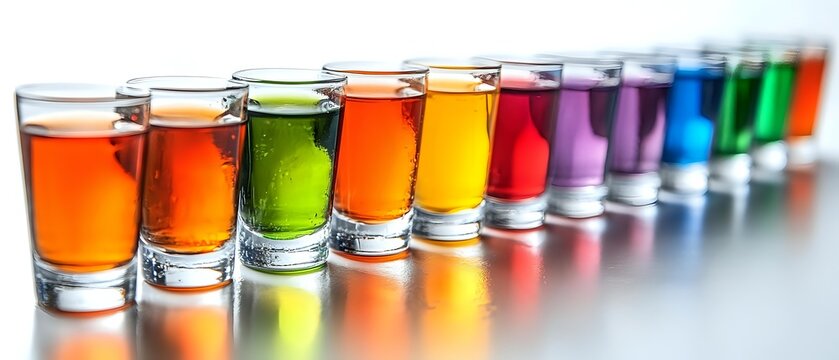 Colorful shot glasses filled with vibrant liquids arranged in rainbow spectrum order on reflective surface, creating gradient effect for bar and beverage photography.